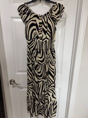 Zebra Print Black & Cream Tiered Maxi Dress with Smocked Waist